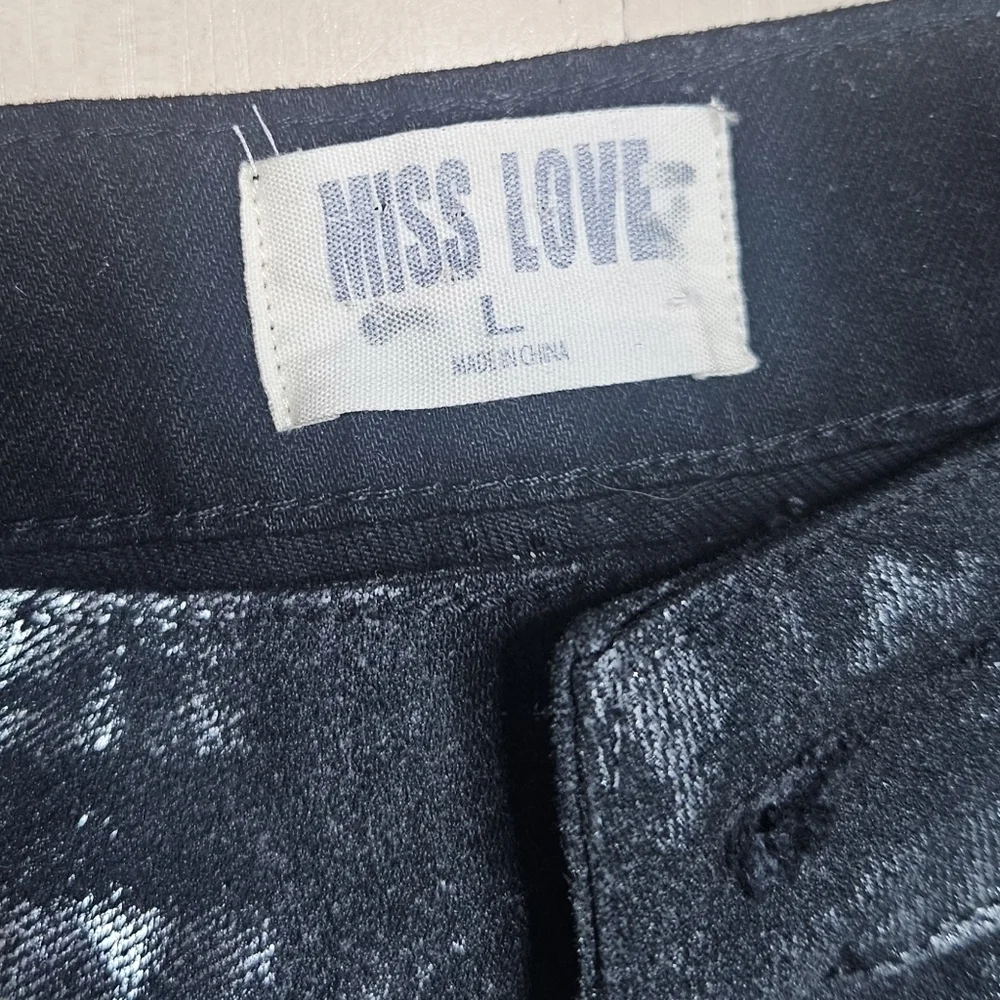 Miss Love The Metallic Jean Denim Wide Leg Pants Black Silver size Large